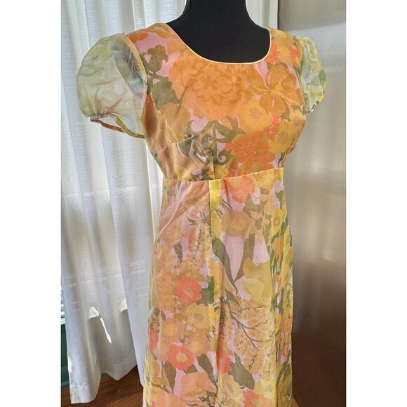 Vintage 1970s maxi dress, orange green pink floral, sheer short puff sleeves - Picture 2 of 10
